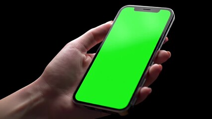 Close up of smartphone with green screen in hand for app mockup and digital content
