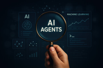 AI agents concept with magnifying glass and machine learning data visualization