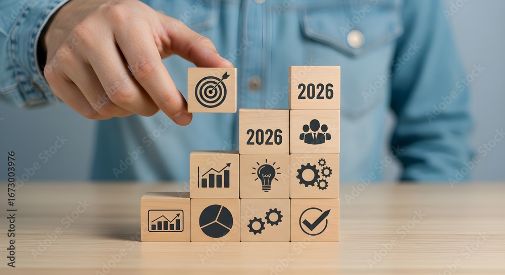 2026 Business strategy concept with hand stacking wooden blocks showing ...