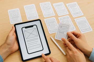 Mobile app wireframe design tablet with paper prototypes and stylus for user interface planning