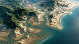 Ai generated image of aerial view of a rugged coastline with mountains, river deltas, and sandy beaches meeting the ocean, creating a scenic landscape