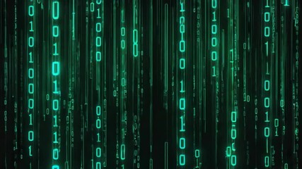 Abstract digital background of glowing green binary code falling vertically on a black screen, inspired by futuristic cyber technology, data streams, programming, encryption, computer network concepts