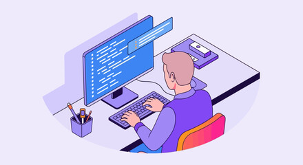 Isometric illustration of a male programmer coding on a desktop computer at his desk.