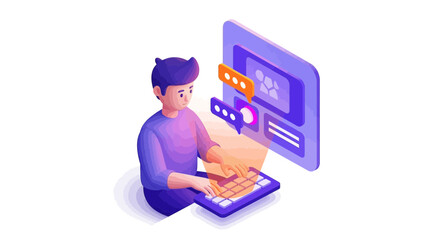 Isometric illustration of a young man typing on a computer, engaging in online chat and social media communication.