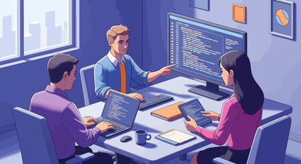 A team of software developers collaborating in a modern office, discussing code displayed on a computer screen.