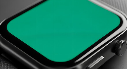 Modern black smartwatch with a blank green display shown in a close-up view, perfect for application mockups and user interface designs