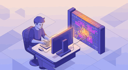 Isometric illustration of a developer programming at a desk with dual monitors displaying code and complex data visualization.