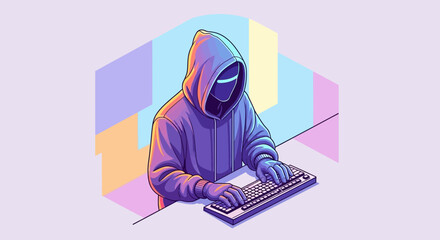 Stylized illustration of an anonymous hacker in a purple hoodie typing on a keyboard against an abstract background.