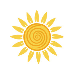Bright yellow sunny day icon graphic with spiral center for summer and weather concepts vector