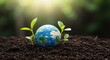 © Vyatcheslav - Small globe in soil with young seedlings sun flare eco concept sustainability nature growth green future environment conservation earth day banner designers horizontal