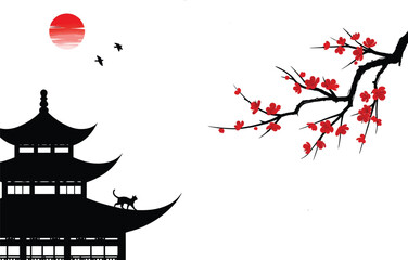 silhouetted traditional asian pagoda with blooming cherry blossom branch and red sun