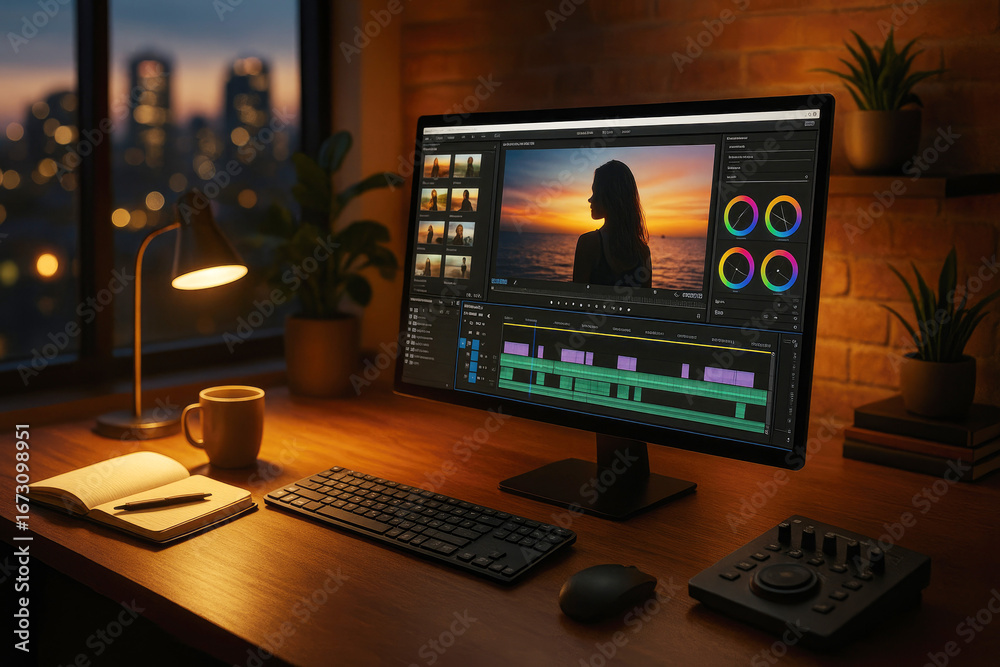 Desktop computer in a creative workspace with video editing timeline ...