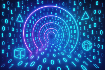 Digital Binary Code Tunnel with Geometric Shapes and Neon Lights cyberspace data