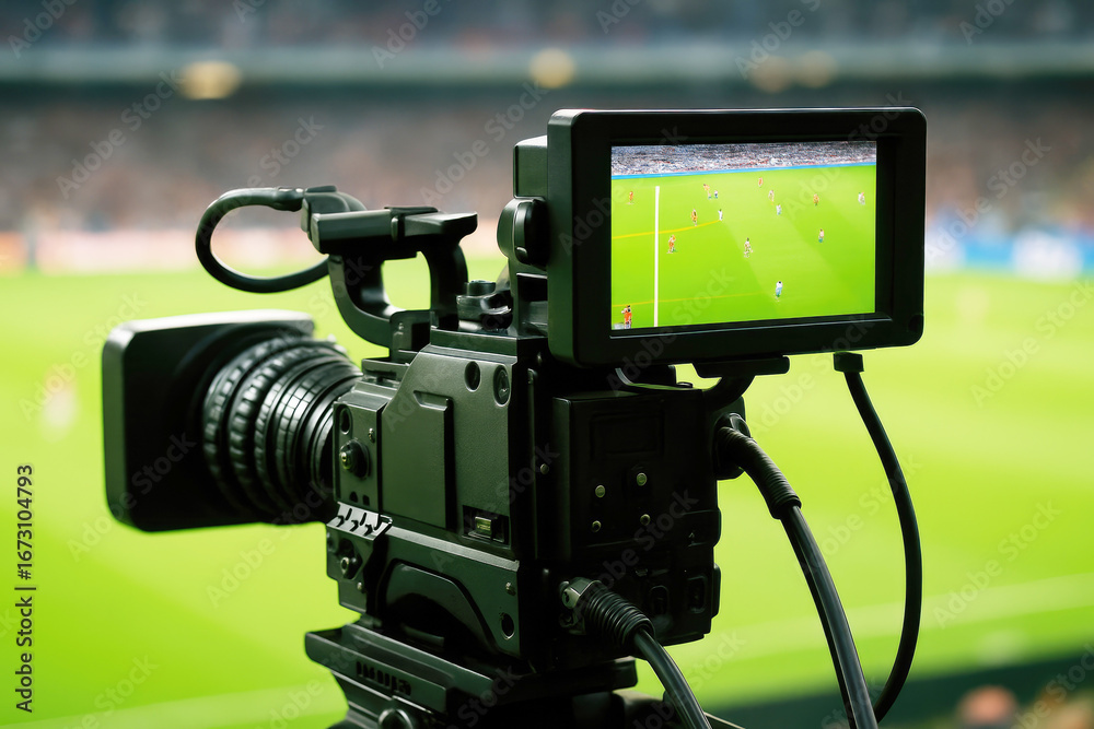 Still Camera Football Professional Video Camera Capturing a Soccer Match in a Stadium ...