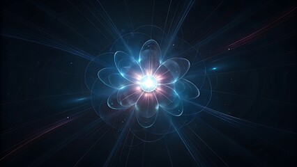 Abstract glowing blue flower shape with radiating light particles and dark background.