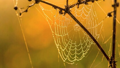 Spider web with dew drops close-up against orange background