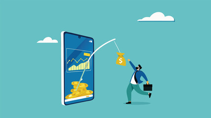 phone scam with fraud investment offers, social media crime with theft of personal data, happy man who is tempted by fake investment offers that are detrimental and threaten personal data
