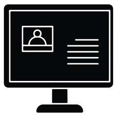 Black and white illustration of a computer screen displaying profile information and text for website or application user interface design