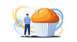 © DIAN - Man Posing Next to Oversized Bakery Delight in Whimsical Graphic Illustration