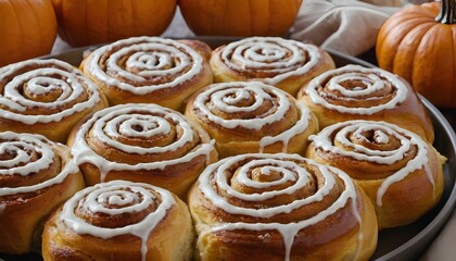 Wall Mural - plate of pumpkin cinnamon rolls with icing