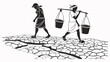© Ramlan - Water Scarcity and Drought: Silhouettes of people carrying water buckets across cracked dry earth, symbolizing global water crisis and environmenta...