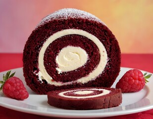 Wall Mural - red velvet roll cake on a plate with cream cheese filling