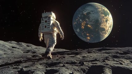 Wall Mural - Astronaut walks on moon, Earth in background