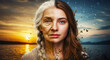 © ravindu - A beautiful woman's face split in two, half old with gray hair and wrinkles, half young with a fresh face and long brown hair, representing youth and aging.