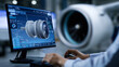 © Curioso.Photography - Engineer examining digital 3D model of a jet engine turbine on a computer screen in aerospace facility.