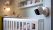 © Curioso.Photography - Smart baby monitor camera watching over a sleeping infant in a cozy nursery room.