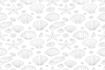 Naklejka na meble Seamless line art pattern with hand-drawn seashells and starfish on a white background, ideal for coloring and textile design