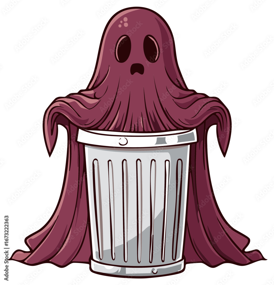 Spooky purple sheet ghost figure emerging from a silver metal trash can ...