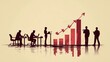 © Nijat - Business team working together to engage in a project, a vector flat illustration of office workers with laptops and documents standing near a bar graph chart showing business growth on a beige backgr