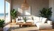 © Maryna - Coastal living room with stone wall, large windows, ocean view. Features white sectional sofa, wood coffee table, houseplants, natural fiber rug. Beige, natural tones create calm, serene atmosphere