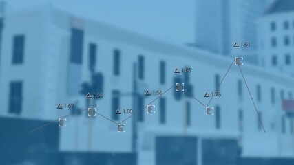 Wall Mural - animation of statistical data processing against tall buildings