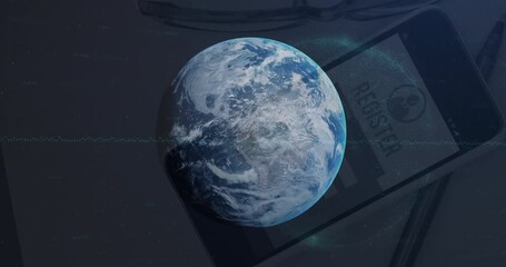Wall Mural - animation of data processing over globe against close up of a smartphone