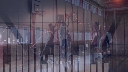 Wall Mural - animation of statistics and financial data processing over diverse basketball players