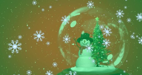Wall Mural - animation of christmas tree and snowman in snow globe and snow falling over green background