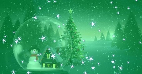 Wall Mural - animation of christmas tree and snowman in snow globe and snow falling over green background