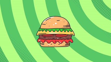Wall Mural - animation of cheeseburger icon over pulsating green circles