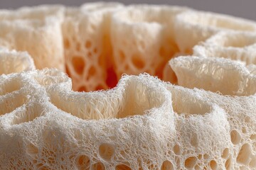 Close-up of a porous, off-white, textured object with a central opening