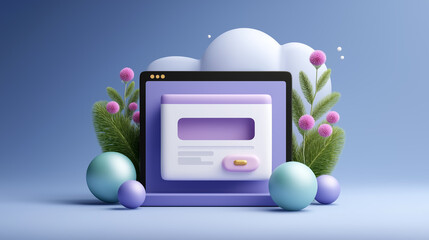Design displays web assistant pop-up on digital screen highlighted by soft shapes and pastel colors. Clean blue background creates a modern feel