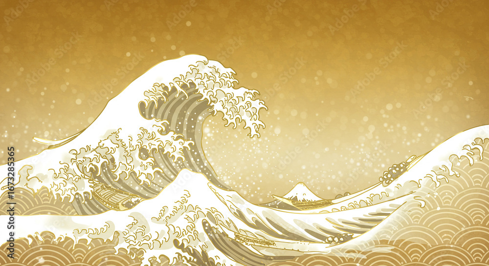 浮世絵風の波イラスト、葛飾北斎の神奈川沖浪裏風、海・水・和風背景