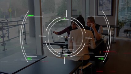 Wall Mural - animation of scope and data processing over diverse business people in office