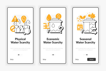 Wall Mural - types of water scarcity mobile onboarding screen. ecology problem. environment care ux ui illustrati