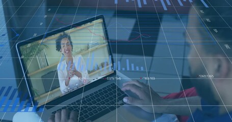 Wall Mural - animation of financial data processing over diverse business people on laptop video call