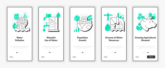 Wall Mural - causes of water scarcity mobile onboarding screen. ecology crisis management ux ui illustration. fla