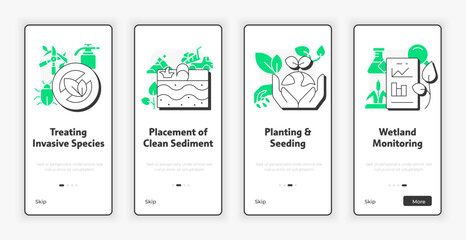 Wall Mural - phases of wetland restoration mobile onboarding screen. water sources discovery ux ui illustration. 