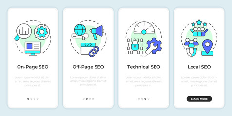 Wall Mural - search engine optimization onboarding mobile app screen. walkthrough 4 steps editable graphic instru
