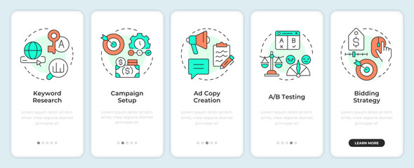 Wall Mural - SEM campaign strategies onboarding mobile app screen. Keywords research. Walkthrough 5 steps editable graphic instructions with linear concepts. UI, UX, GUI. Montserrat SemiBold, Regular fonts used